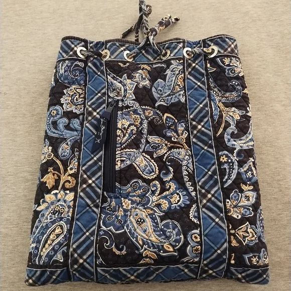 Vera Bradley Drawstring Backpack Blue Floral and Plaid Pattern - Picture 2 of 16